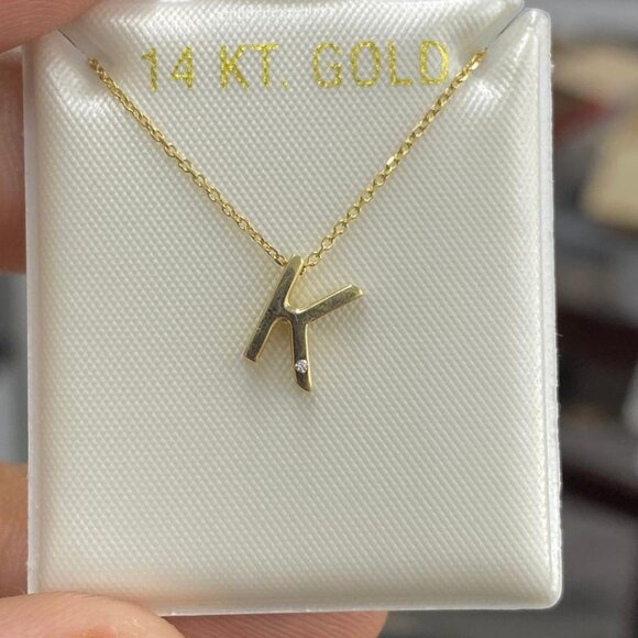 14K Yellow Gold Necklace Pendant Letters CZ Cable Link Chain 18" Jewelry Unisex - Picture 10 of 13